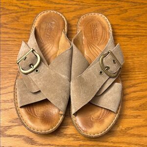 Tan Suede Slide Sandals with Buckle